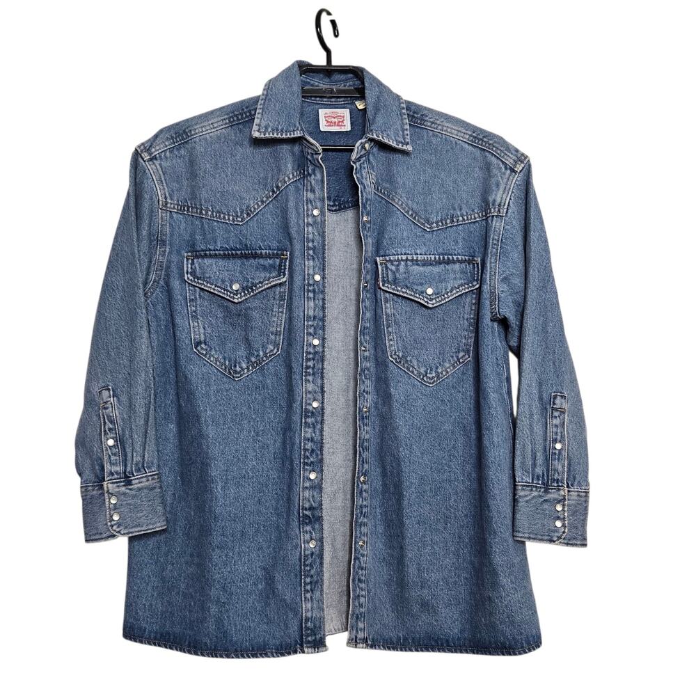 Womens Levi Strauss Oversize Western Shirt Dylan Size XS Blue Denim Thick Jacket - Picture 2 of 6